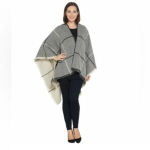 Brooke Shields Timeless Faux Leather Trimmed Knit Poncho Wrap Double Side